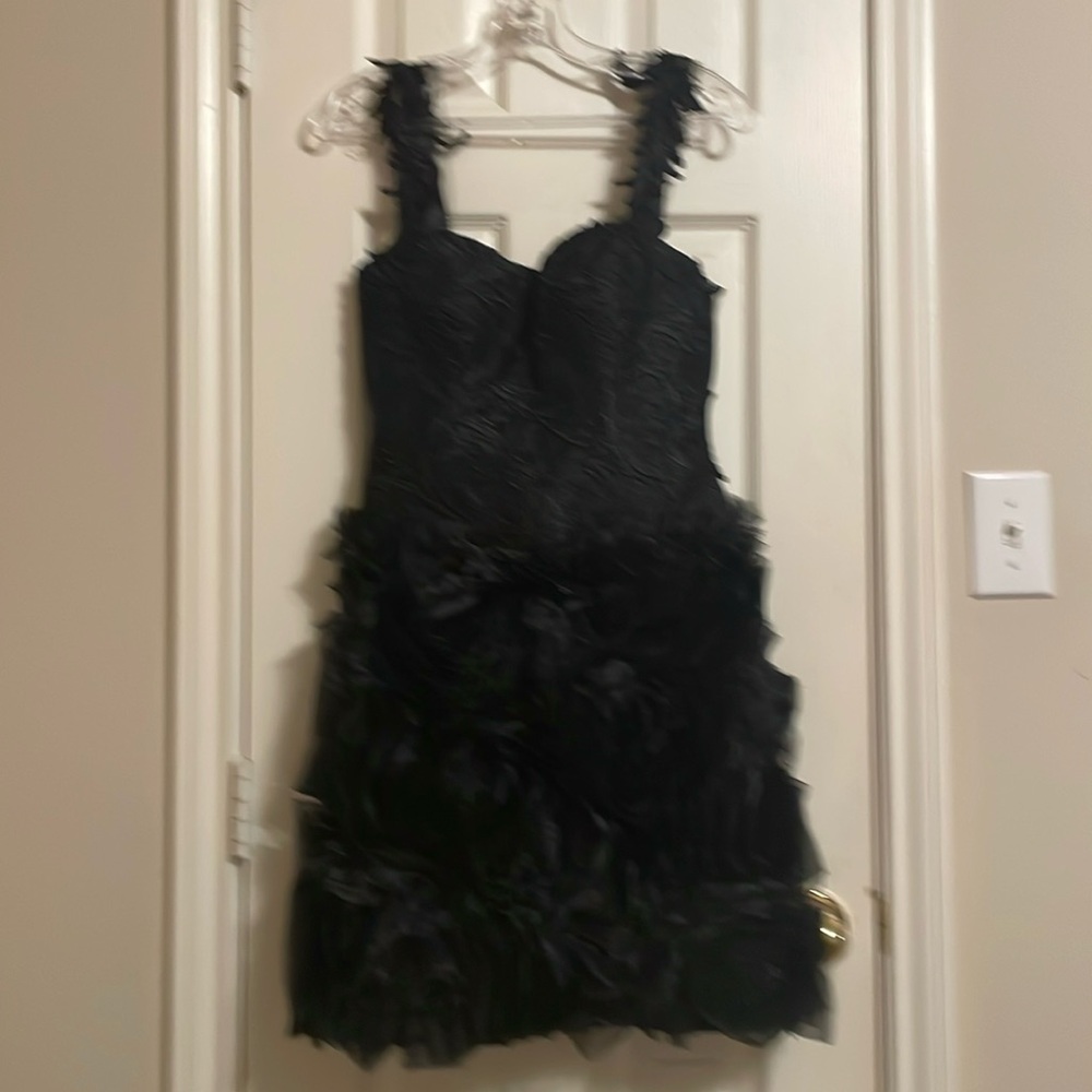 Jovani Black Appliqué Cocktail Dress-Sweetheart Neckline-Organza Rose Design